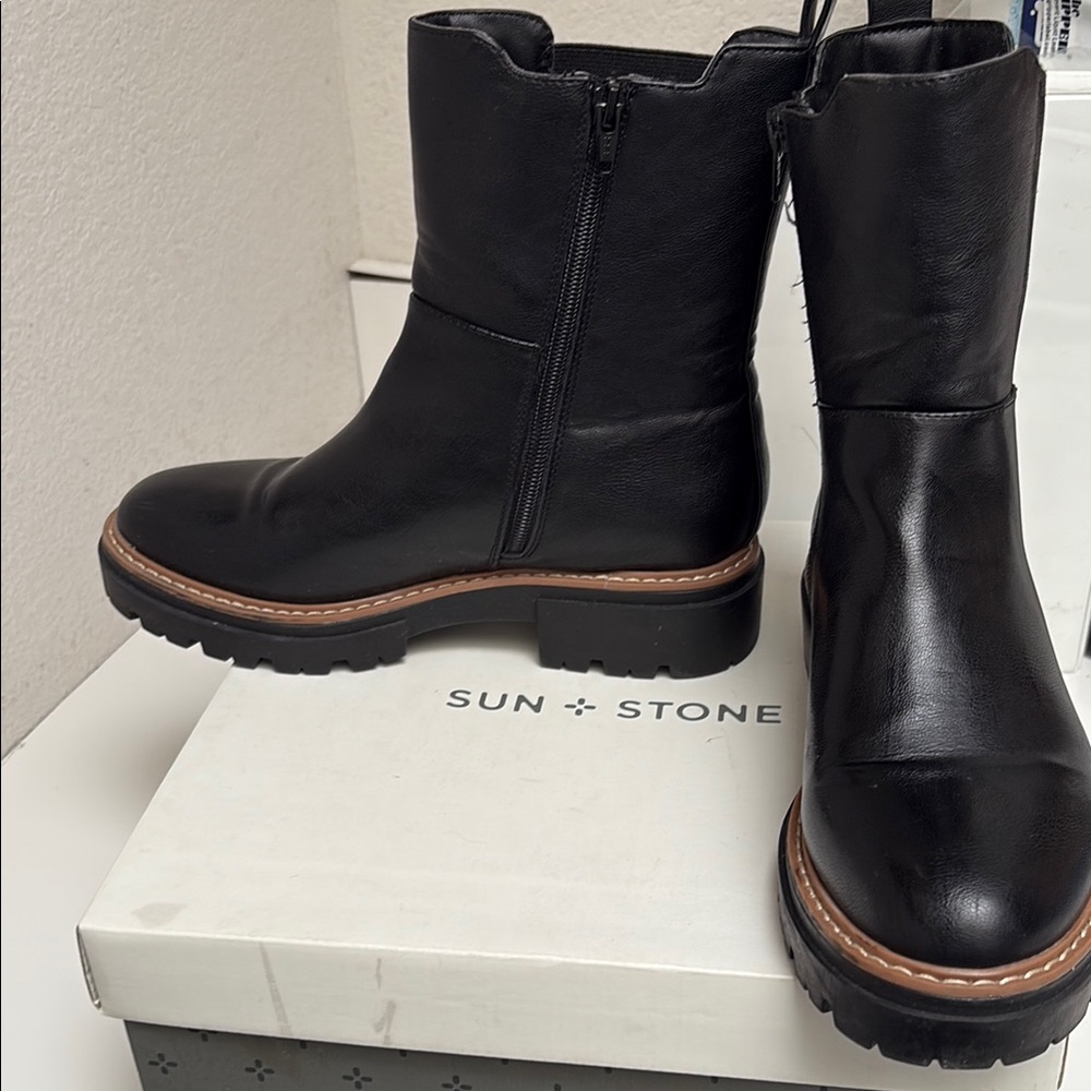 Sun + Stone Black Combat Moto Boots with Textured Upper